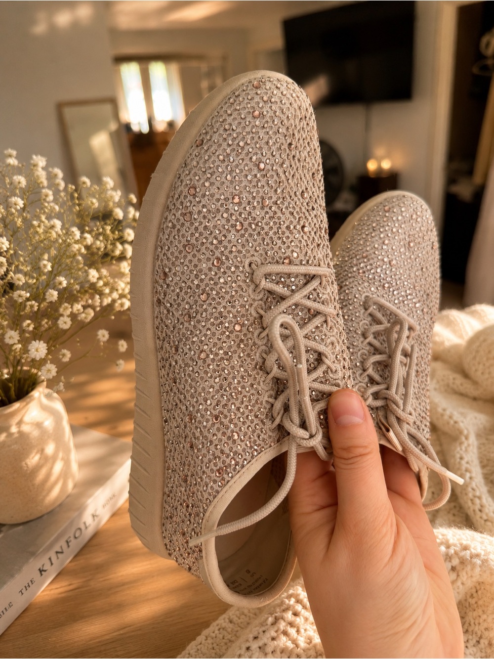 ALDO Women's Beige Crystal Embellished Knit Sneakers
